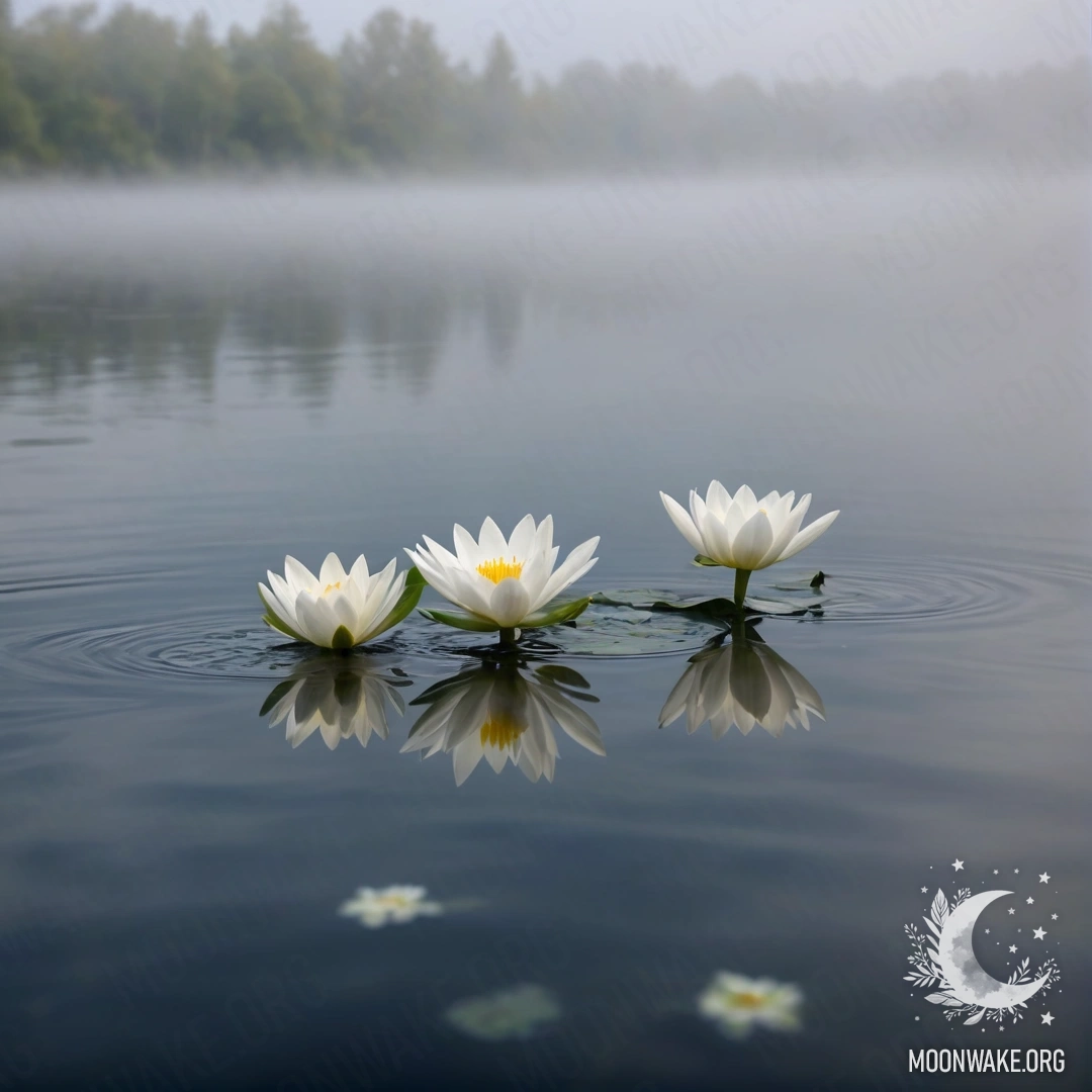 Peaceful White Flowers on Water Surface in Mist A serene scene depicting white flowers floating on a water surface enveloped in dense mist.