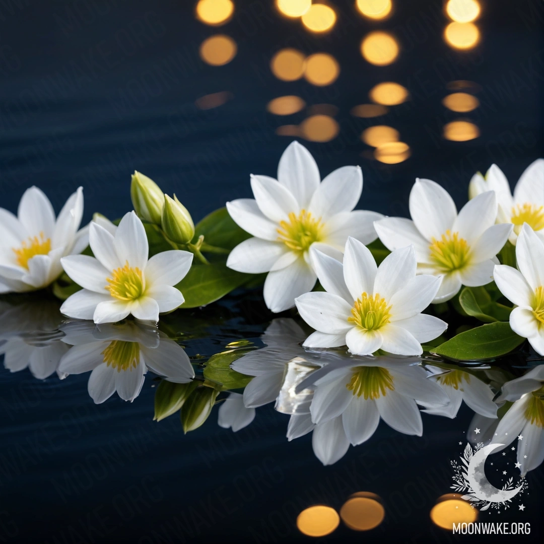 A tranquil scene featuring delicate white flowers gently resting on a water surface, illuminated by twinkling garland lights.