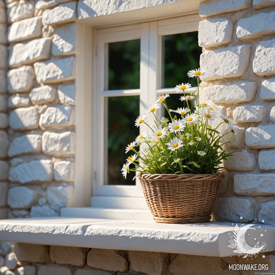 A peaceful white stone wall with an open window and a basket of daisies on the windowsill, illuminated by sunlight.
