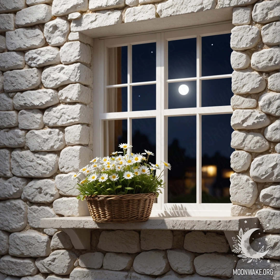 A tranquil scene featuring a white stone wall with an open window and a basket of daisies on the windowsill at night.