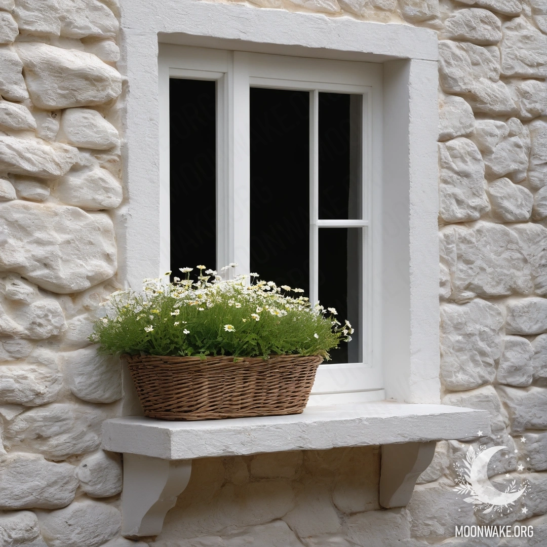 A peaceful white stone wall with an open window and a basket of daisies on the windowsill, adorned with glowing garland lights.