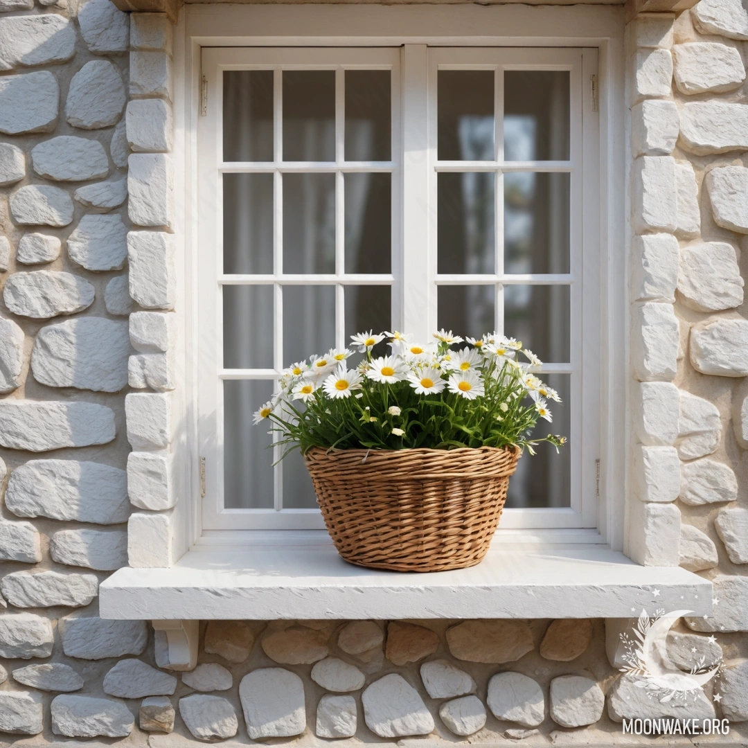 A peaceful white stone wall with an open window and a basket of daisies adorned with string lights.
