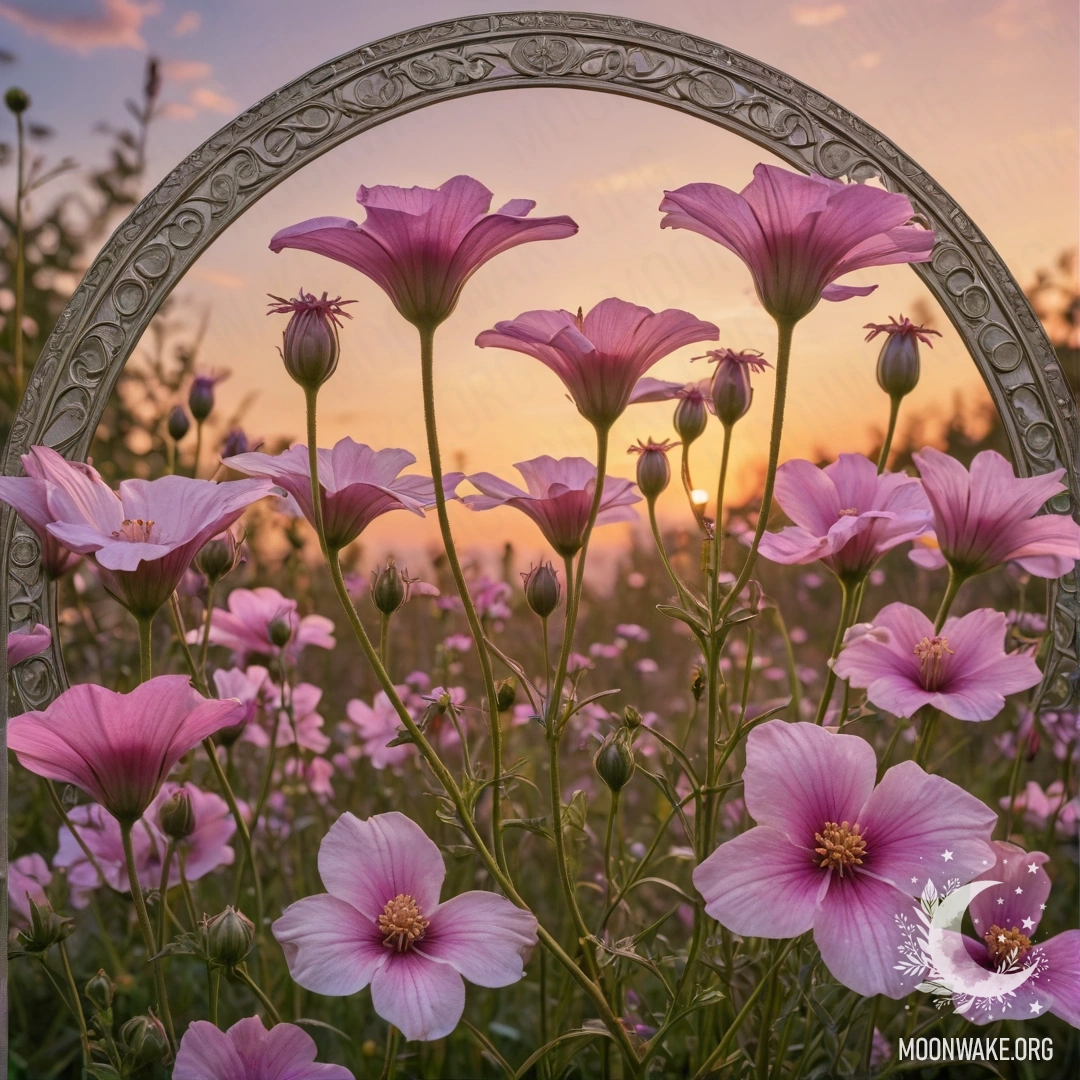 A serene scene of wildflowers in pink hues under a sunset sky, embellished with rhinestones.