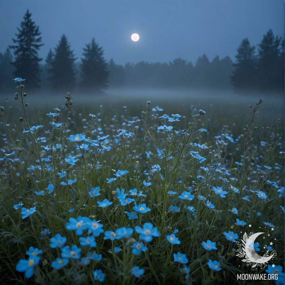 Peaceful Wildflowers in the Misty Night A serene scene of wildflowers enveloped in mist under the night sky.