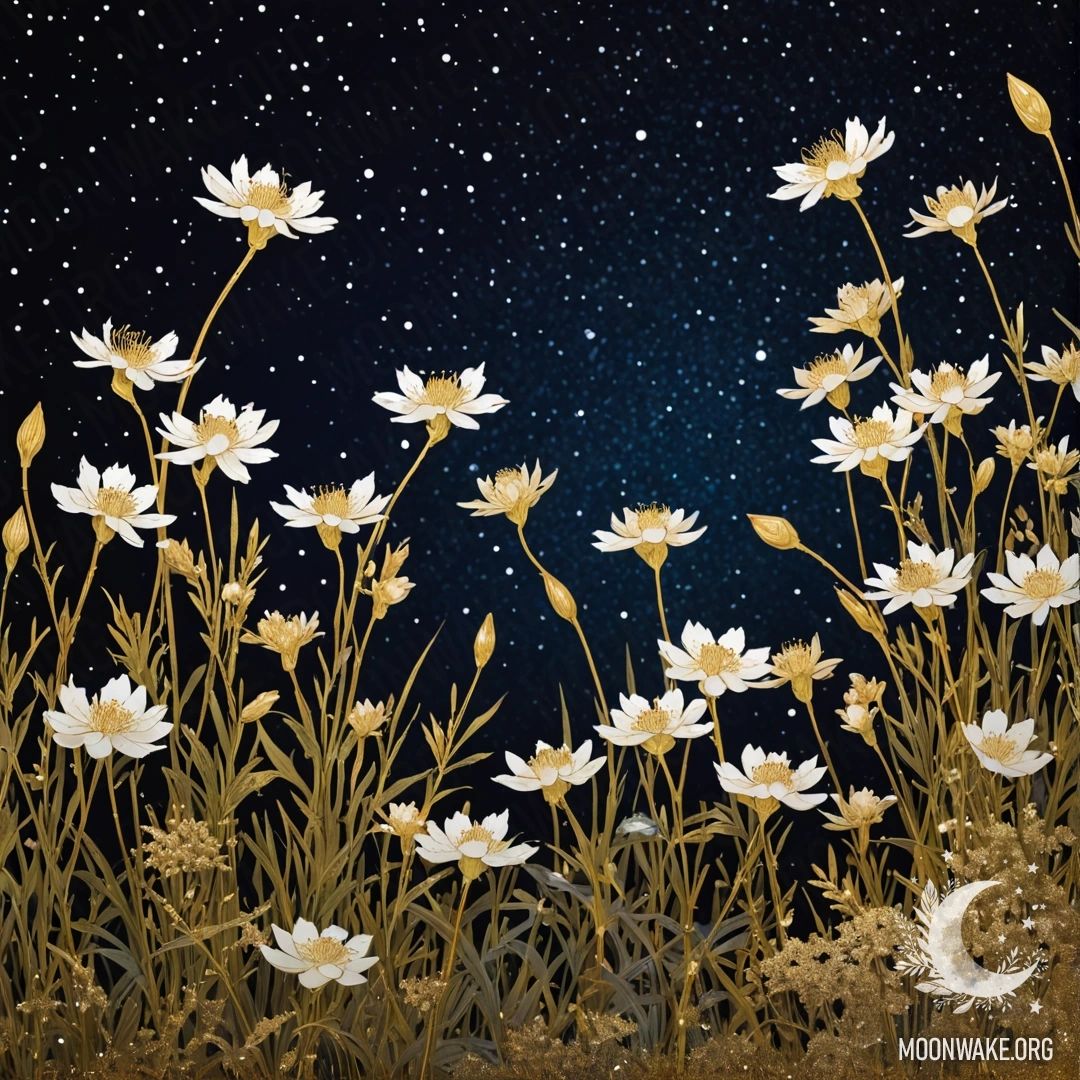 A serene night scene featuring wildflowers shimmering with golden glitter.