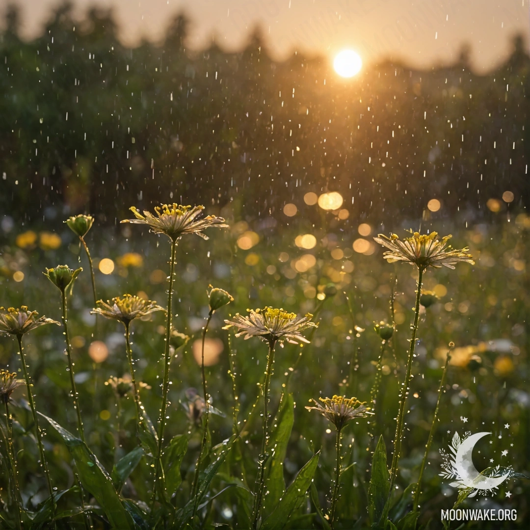 Colorful wildflowers in a gentle rain during a sunset, highlighting lime-colored sequins.