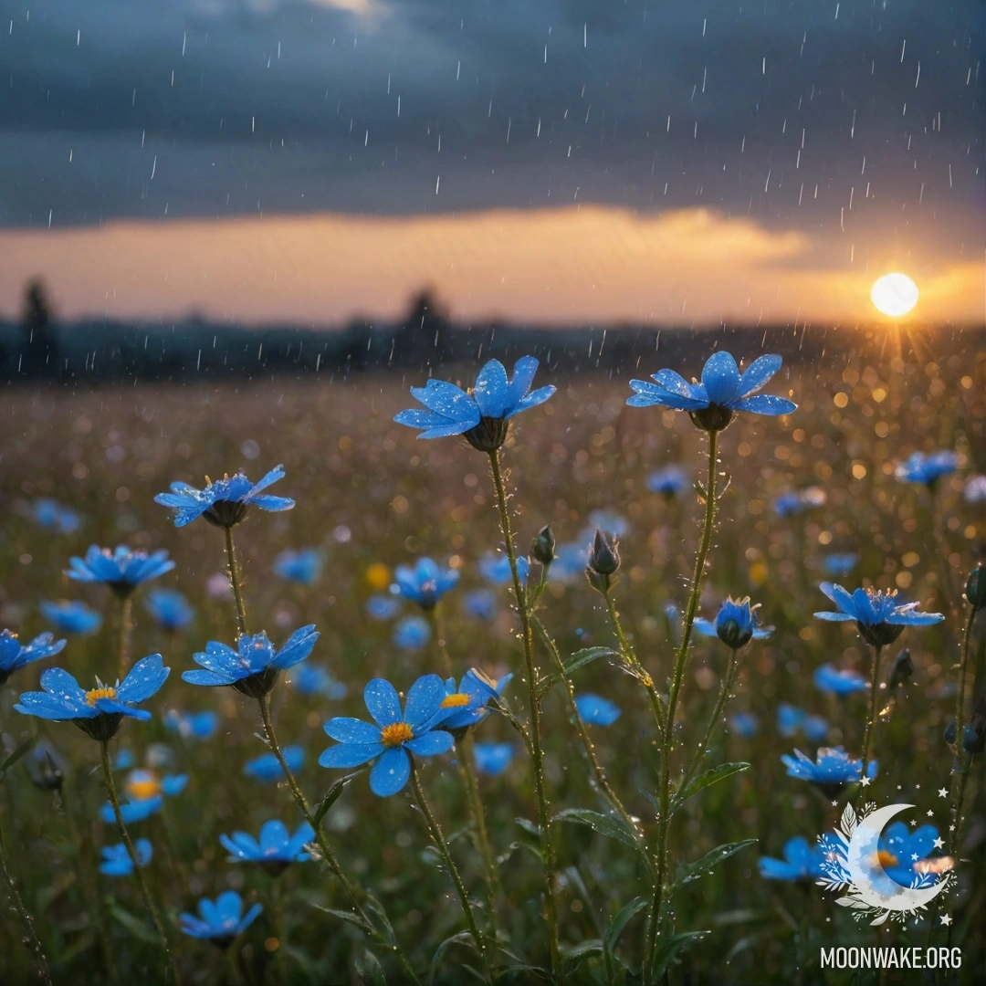 A serene scene of blue wildflowers in the rain during sunset, sparkling beautifully.