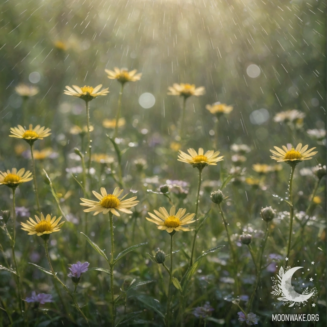 Peaceful Wildflowers Under Rain and Sun A scenic view of wildflowers under a gentle rain with patterns of sunlight breaking through, showcasing olive shades.