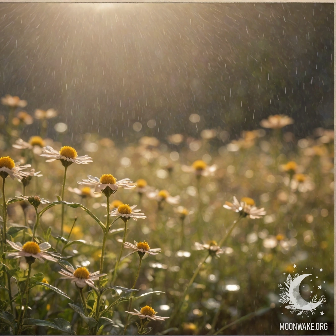 A serene scene of wildflowers drenched in rain with sunlight peeking through the sky, reminiscent of an old postcard.