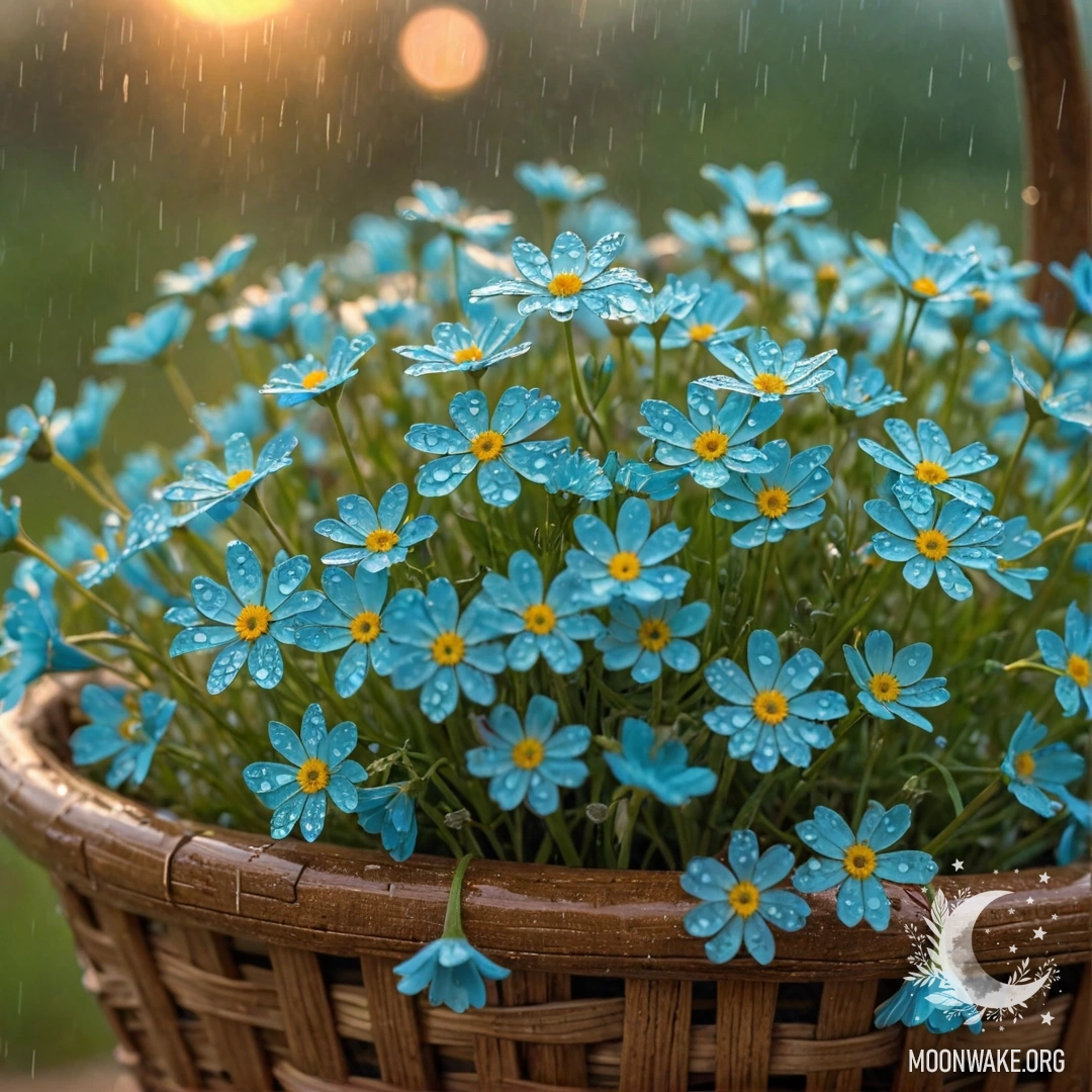 A basket filled with wildflowers in aquamarine color, drenched in rain during a sunset.