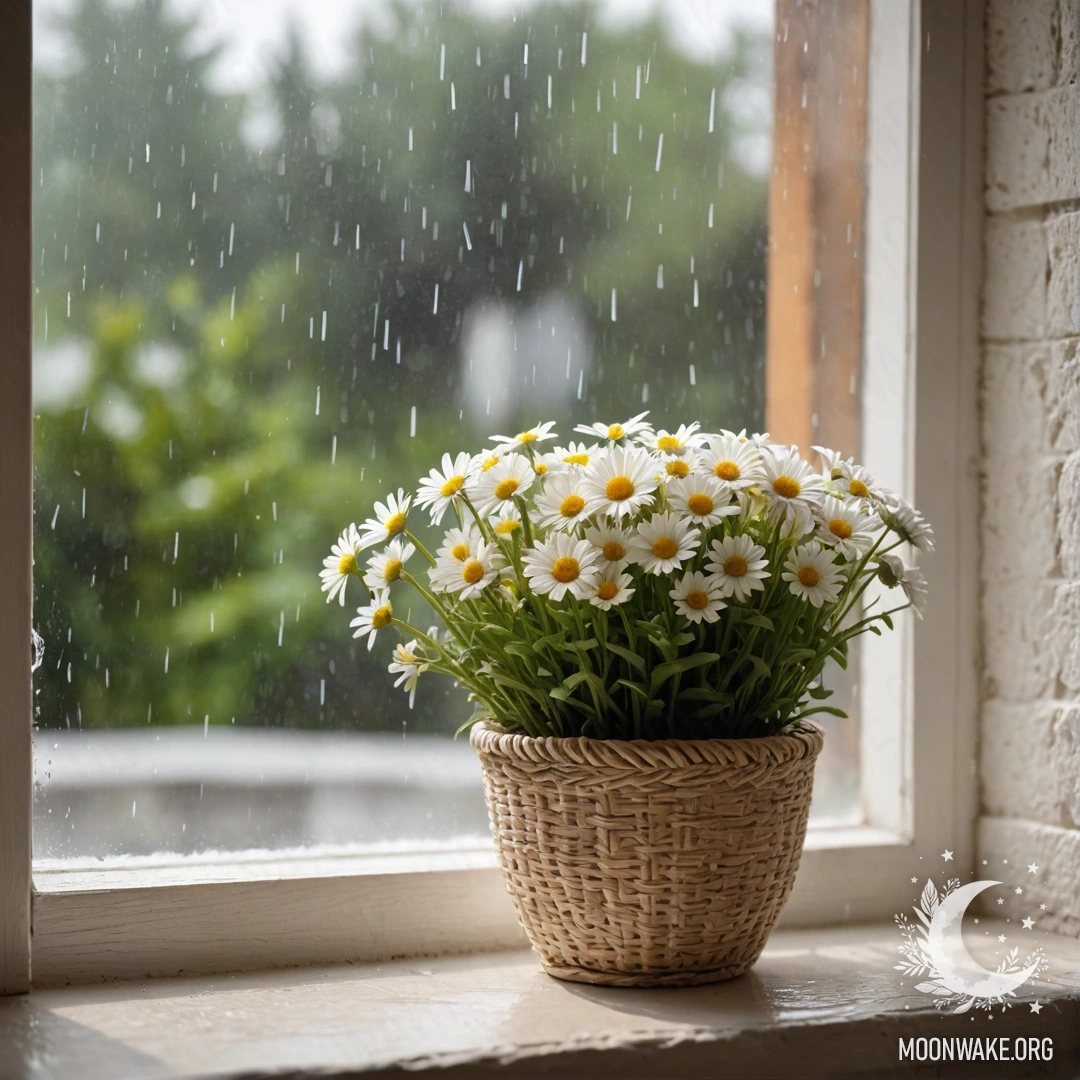 A peaceful white stone wall with an open window, a basket of daisies on the windowsill, with rain gently falling.