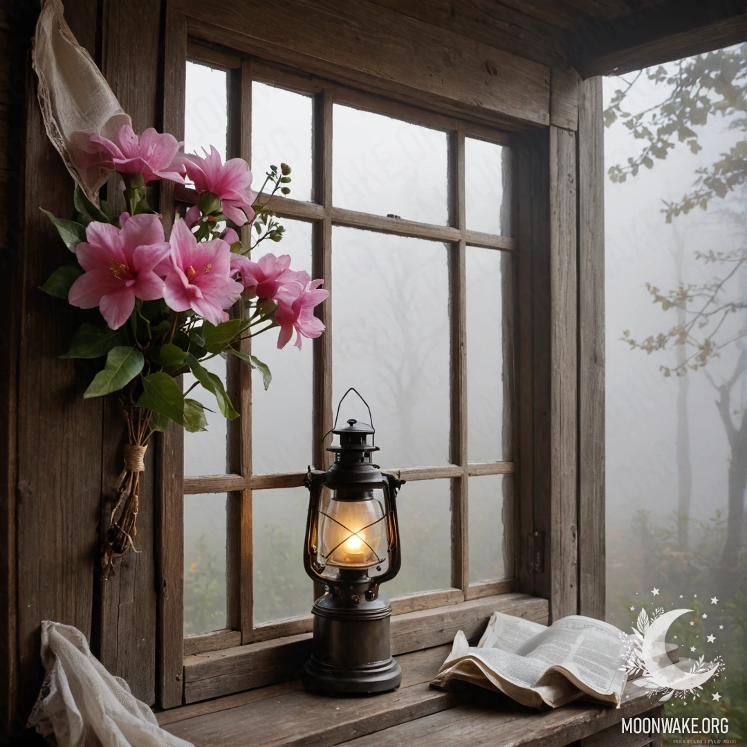 A shabby wooden window with shutters, a kerosene lamp, and pink flower branches in a dense fog.