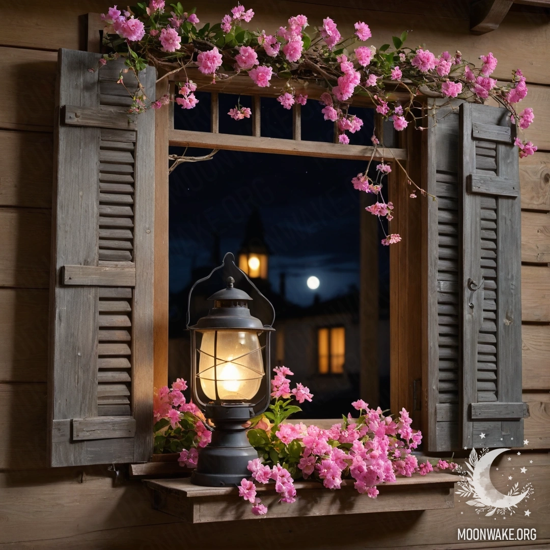 A shabby wooden window with shutters, decorated with pink flowers and a kerosene lamp hanging above it at night.