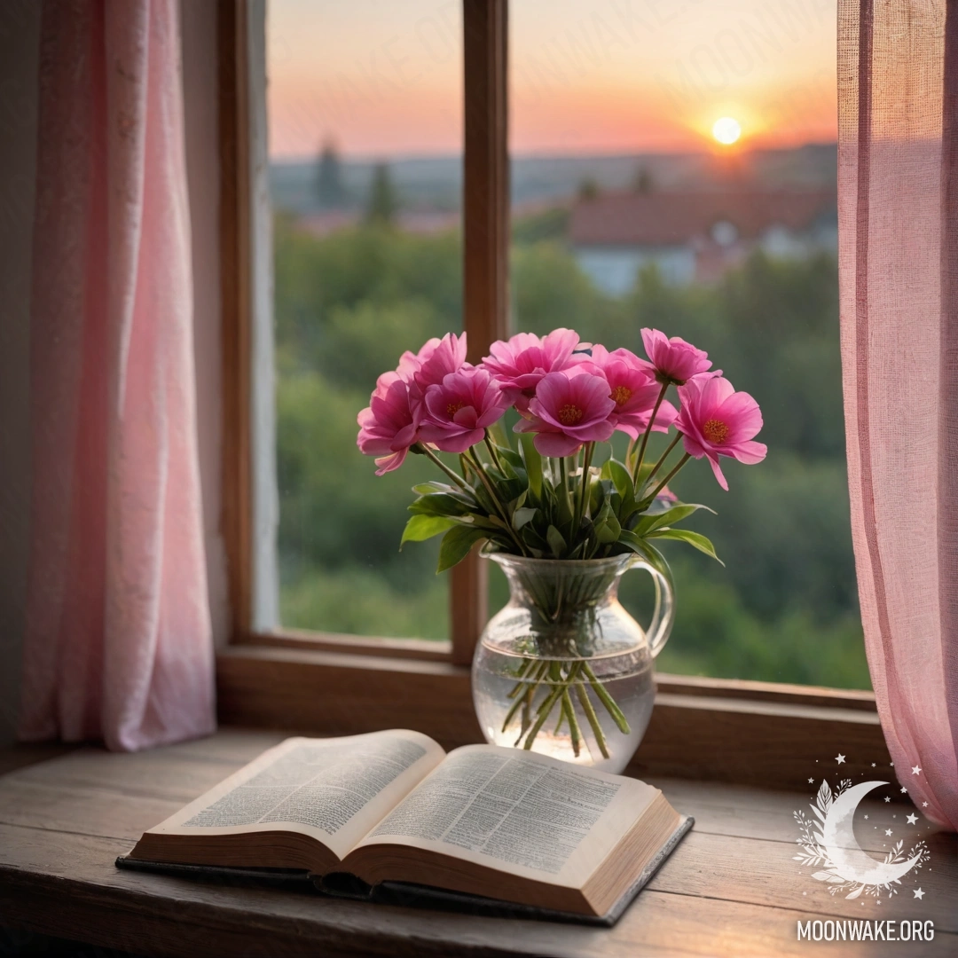 A wooden window sill with an old book and a gray vase of pink flowers.