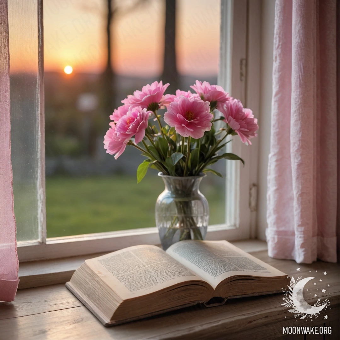 Peaceful Sunset Window Sill An old shabby book on a wooden window sill with a gray vase and pink flowers, draped in a pink curtain at sunset.