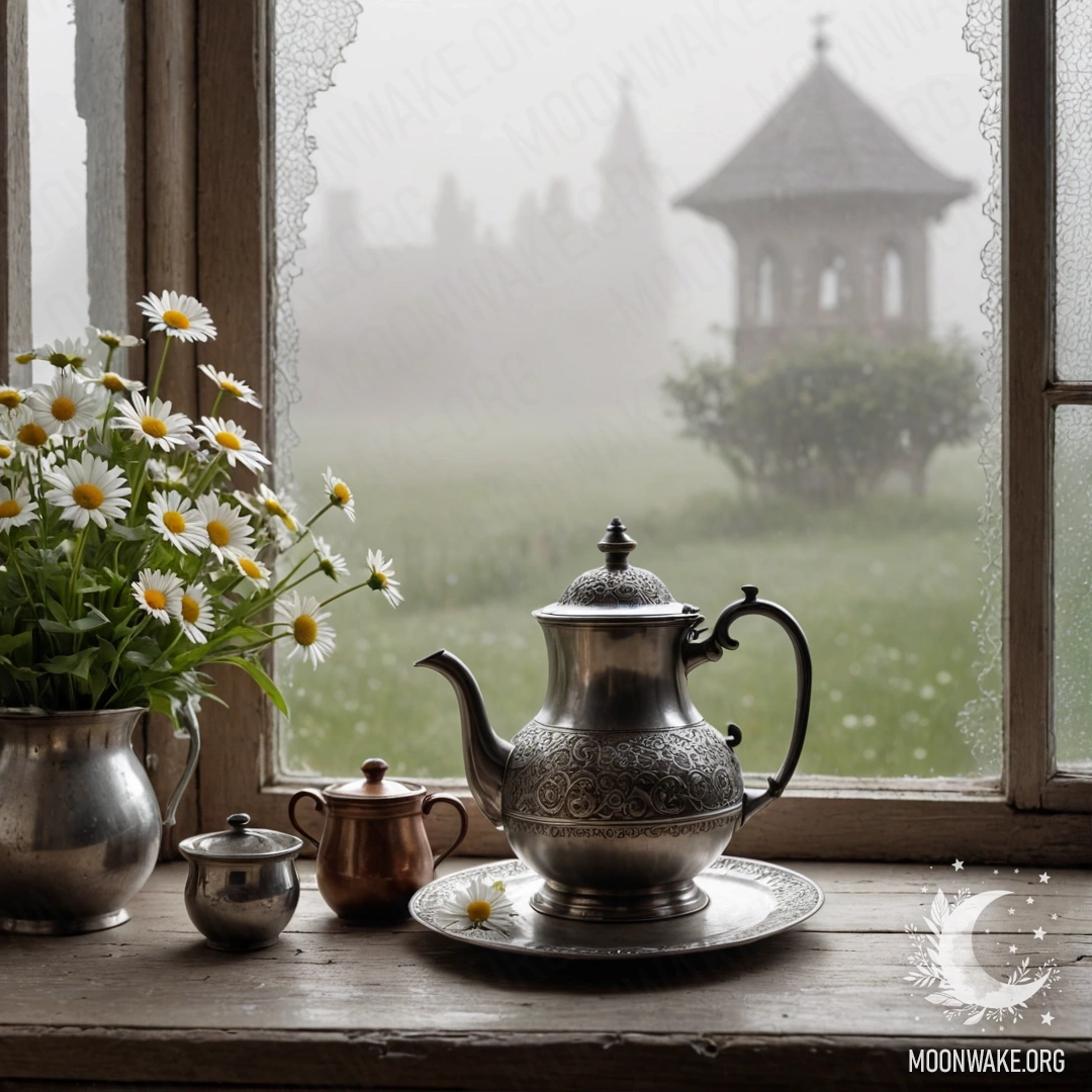 A shabby wooden window sill featuring a patterned metal teapot and daisies, enveloped in dense fog.