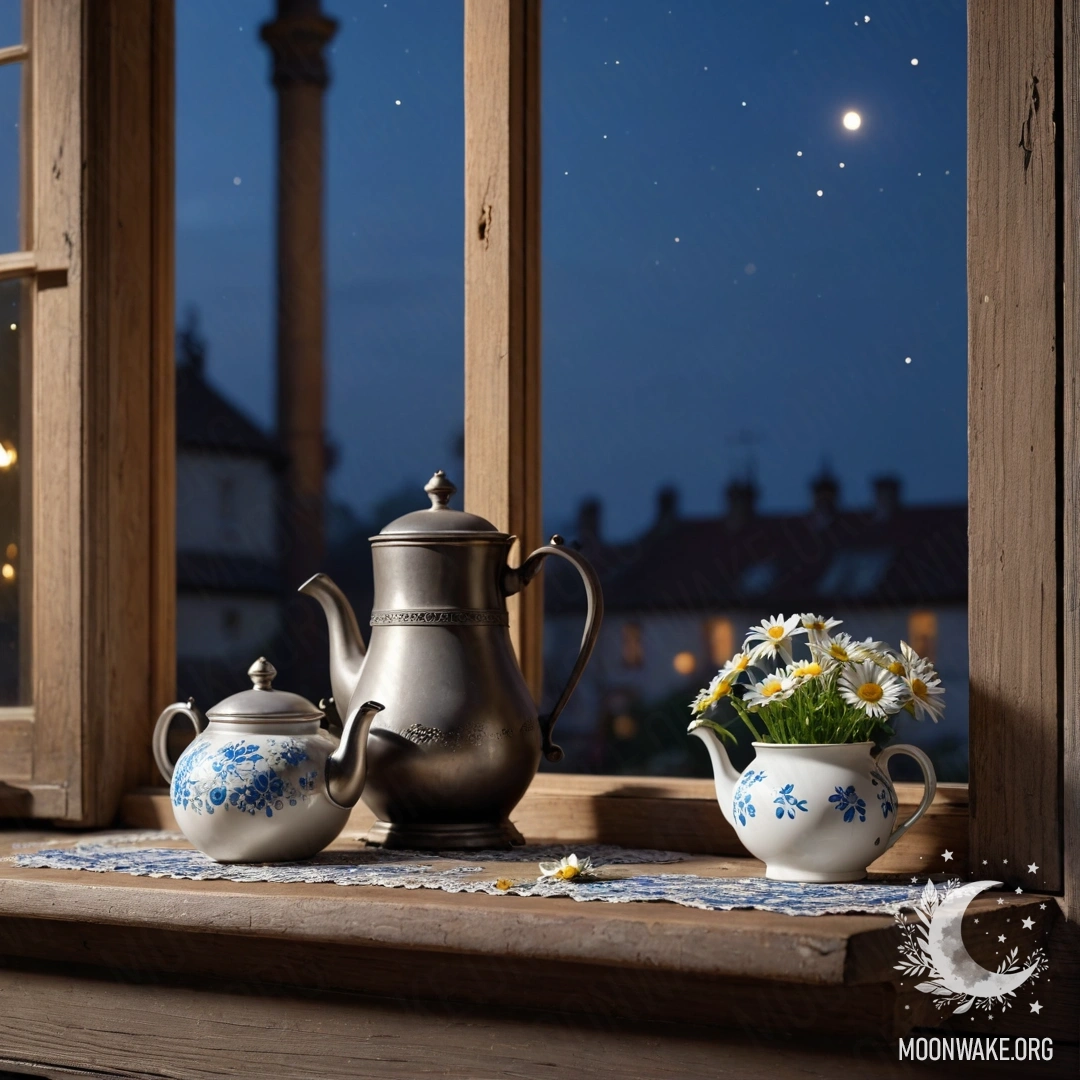 A shabby wooden window sill at night with a metal teapot and daisies.