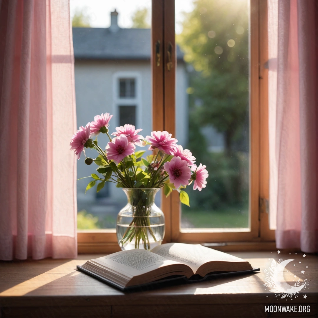 A weathered wooden window sill with an old book, a gray vase with pink flowers, and a soft pink curtain illuminated by sunlight.