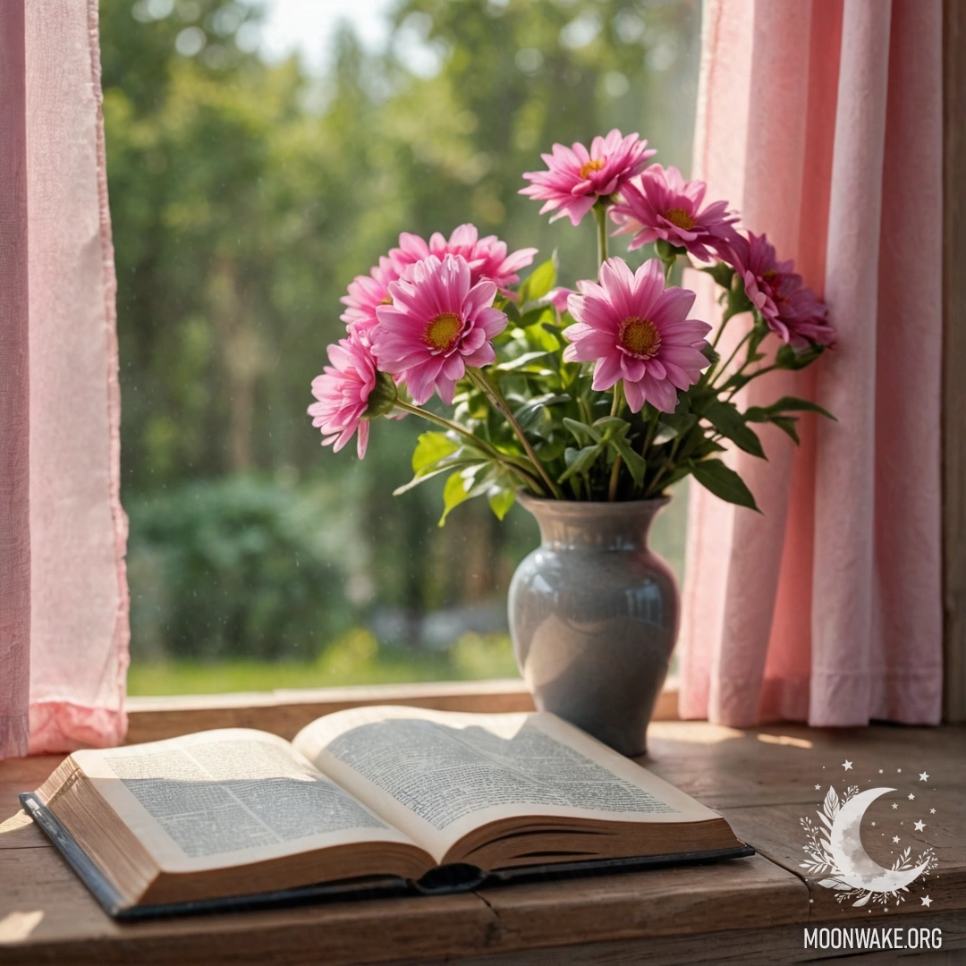 A wooden window sill featuring an old shabby book, a gray vase with pink flowers, and a pink curtain illuminated by sun rays.
