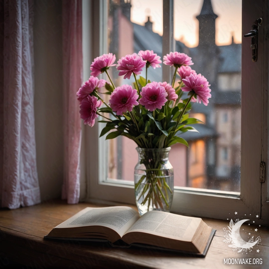 Peaceful Window Sill with Flowers and an Old Book A wooden window sill with a shabby book and a gray vase holding pink flowers, draped with a pink curtain at night.