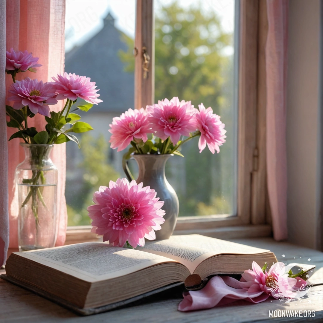 A rustic window sill featuring an old book, a gray vase with pink flowers, and soft pink curtains with sunlight streaming through.