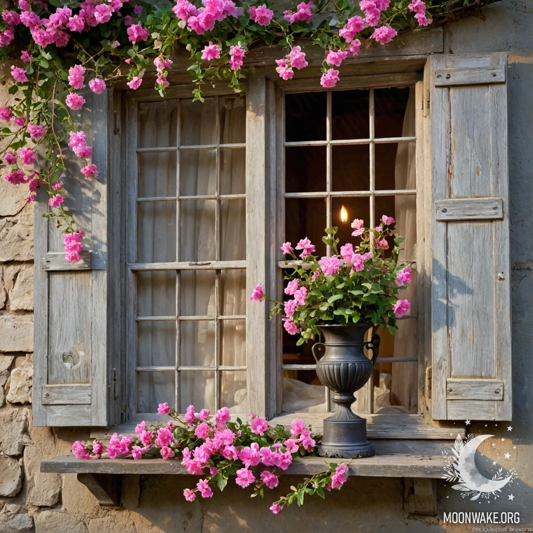 A shabby wooden window adorned with pink flowers and lights.