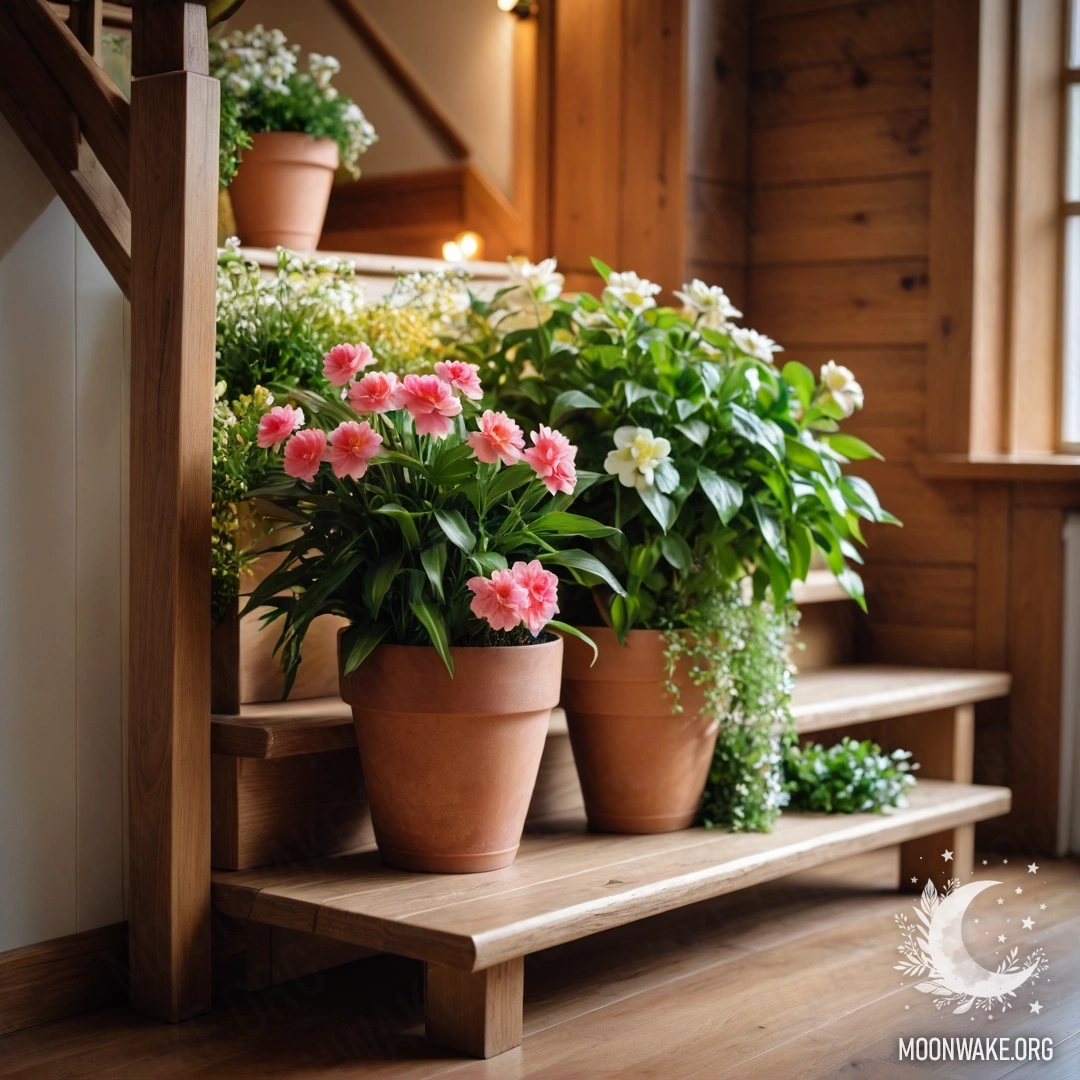 Peaceful Wooden Staircase with Flowerpots A peaceful wooden staircase adorned with flowerpots and twinkling garland lights.