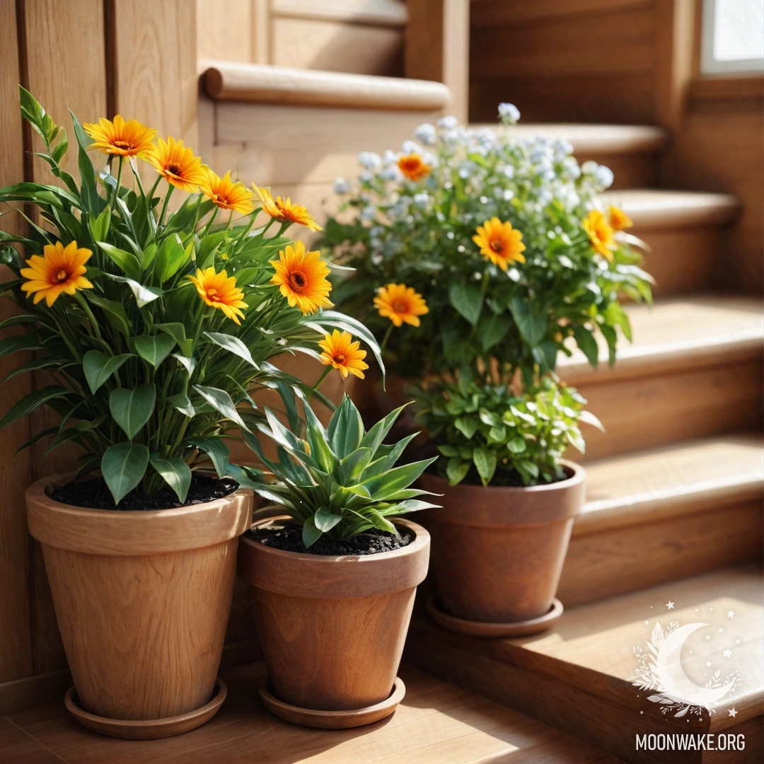 Peaceful Wooden Staircase with Flowerpots A wooden staircase adorned with flowerpots, creating a peaceful atmosphere.