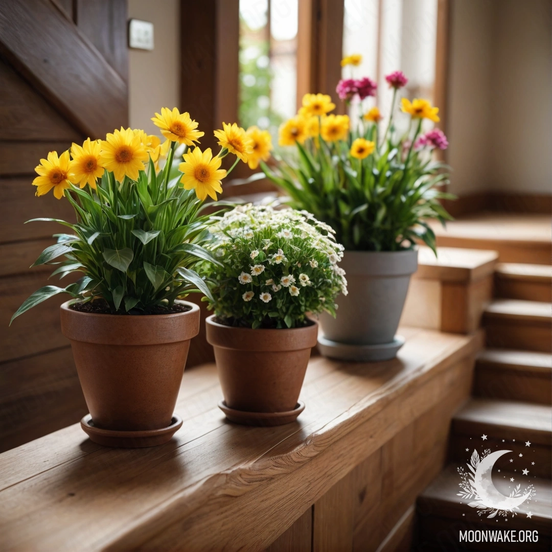 Peaceful Wooden Staircase with Flowerpots A serene wooden staircase adorned with flowerpots and lenses.