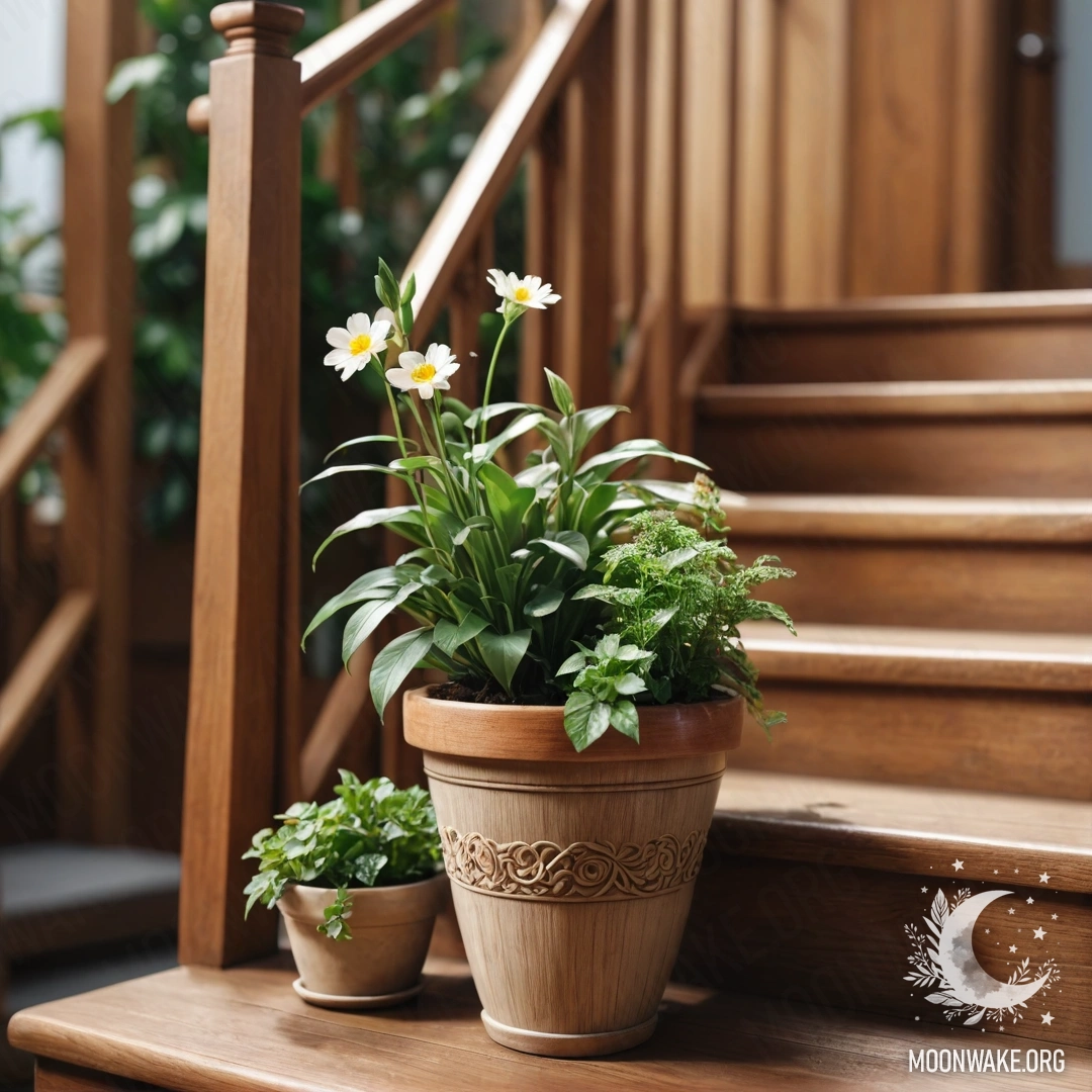 Serene Wooden Staircase with Flowerpots A beautiful wooden staircase adorned with flowerpots, creating a tranquil atmosphere.