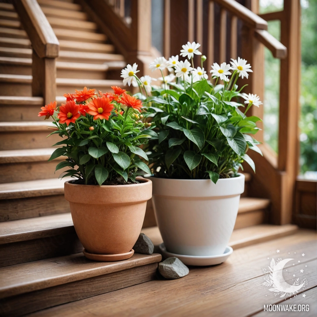 A wooden staircase adorned with flowerpots and soft lighting.