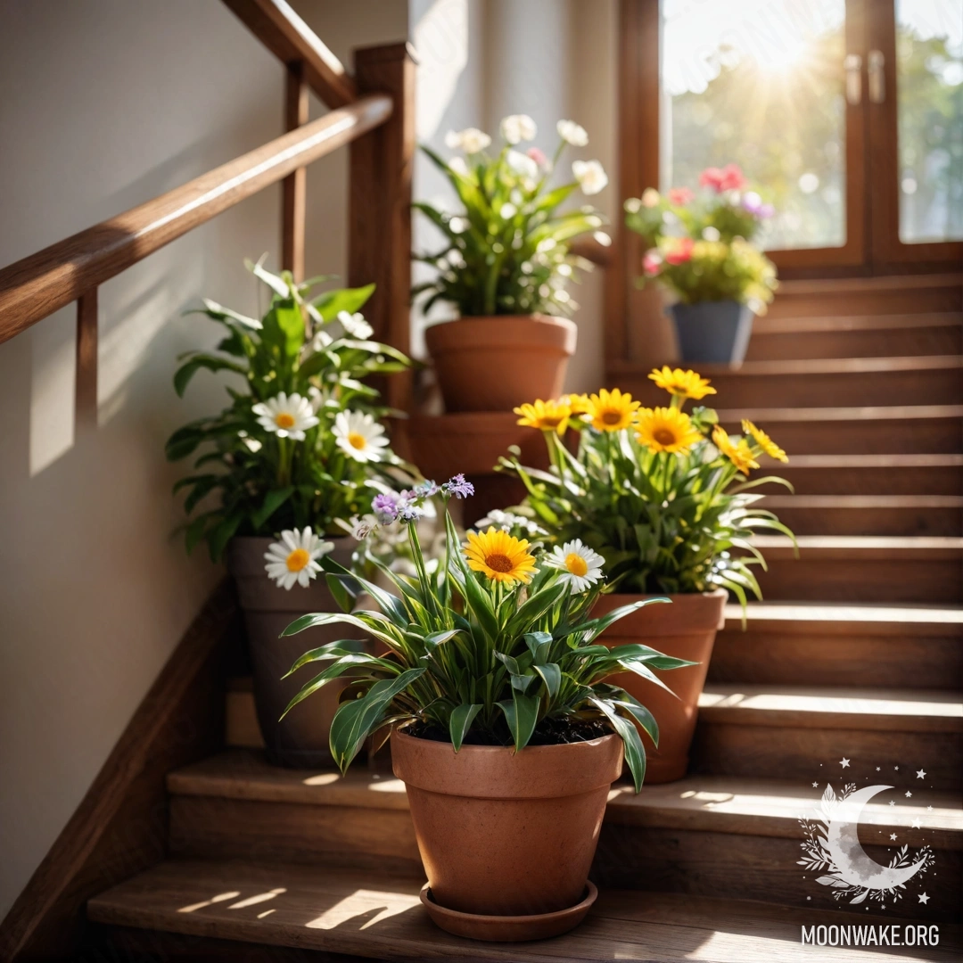 Peaceful Wooden Staircase with Flowerpots A wooden staircase adorned with flowerpots in sunlight.