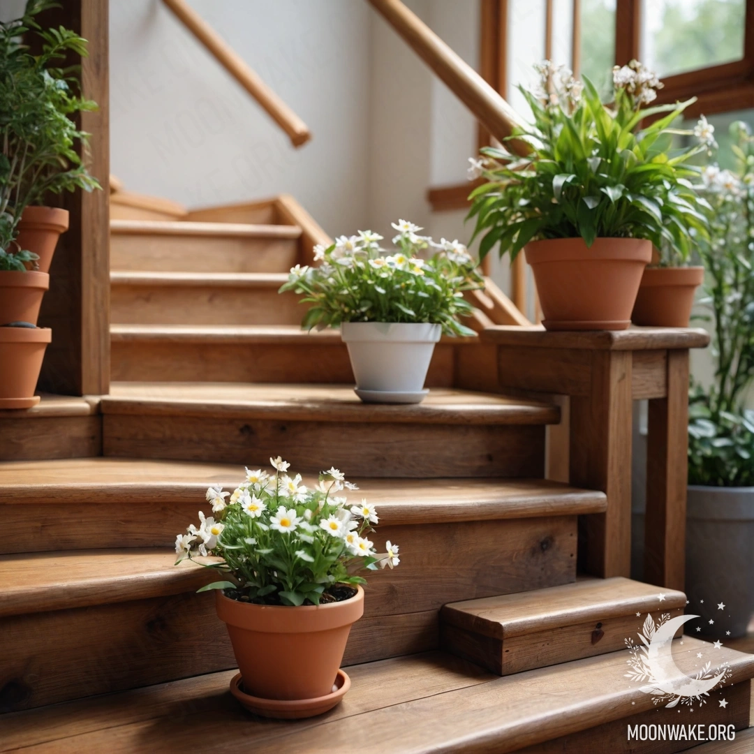 Peaceful Wooden Staircase with Flowerpots A wooden staircase adorned with flowerpots, creating a serene atmosphere.