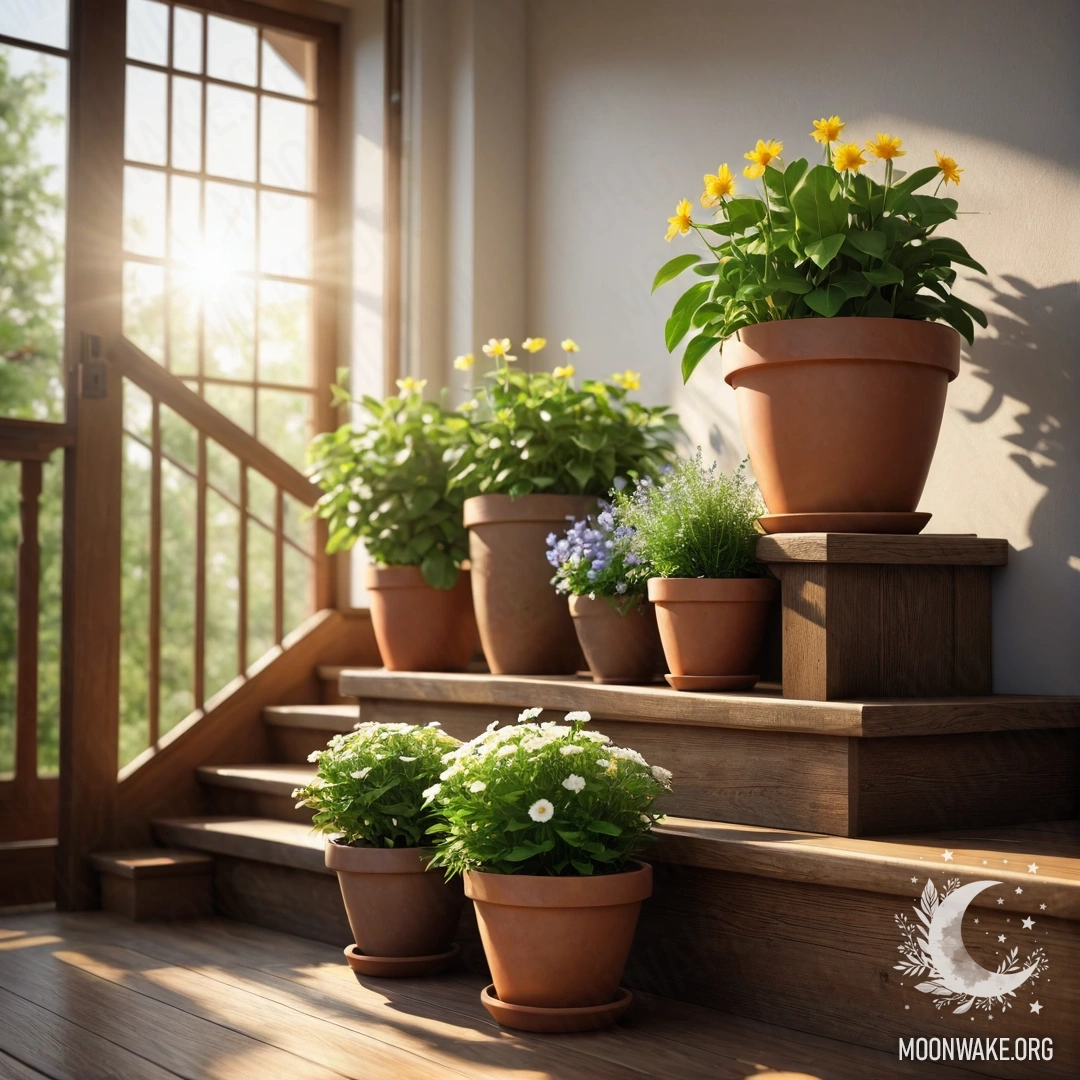 A wooden staircase adorned with flowerpots basking in sunlight.