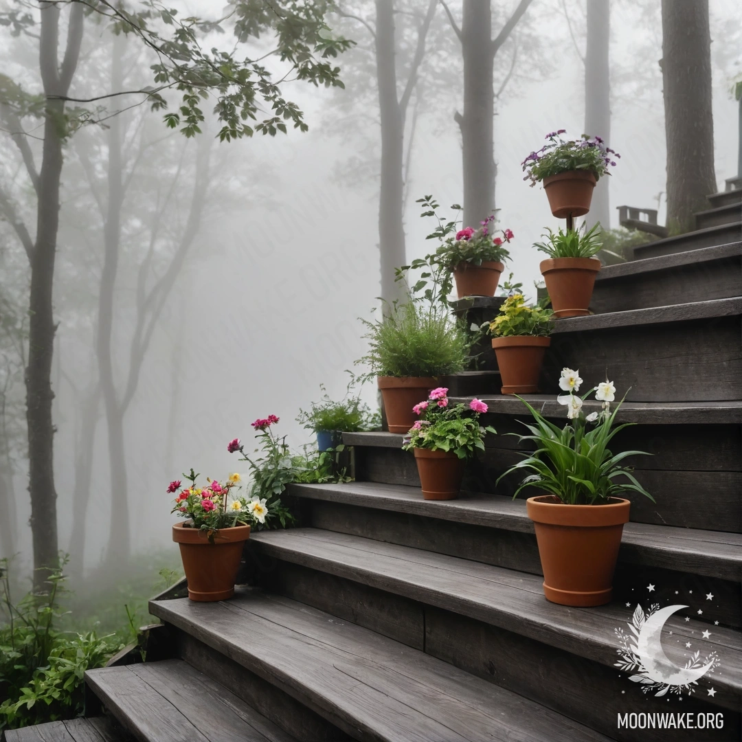 Peaceful Wooden Staircase with Flowerpots in Fog A wooden staircase adorned with flowerpots surrounded by dense fog.