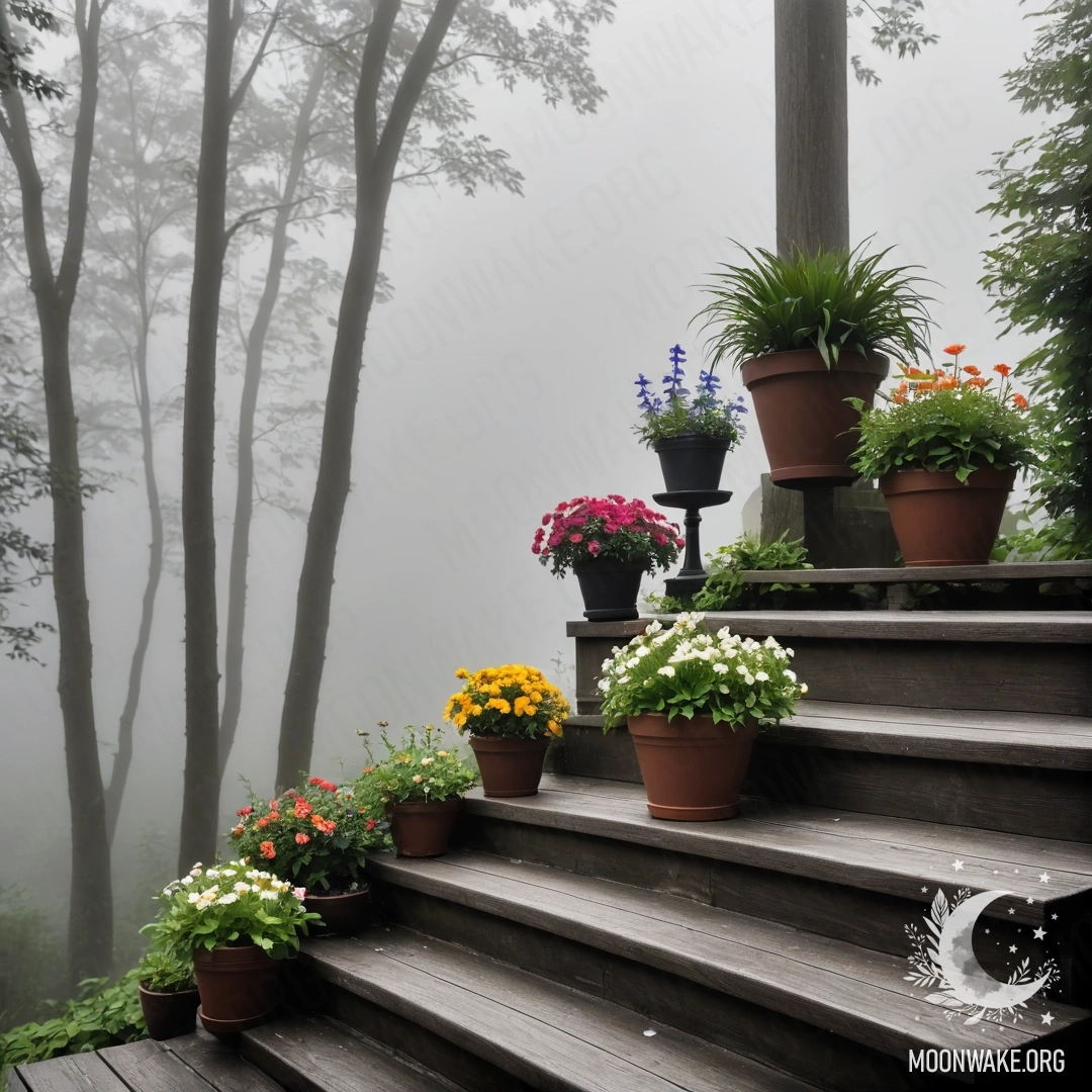 A serene wooden staircase surrounded by flowerpots in thick fog.