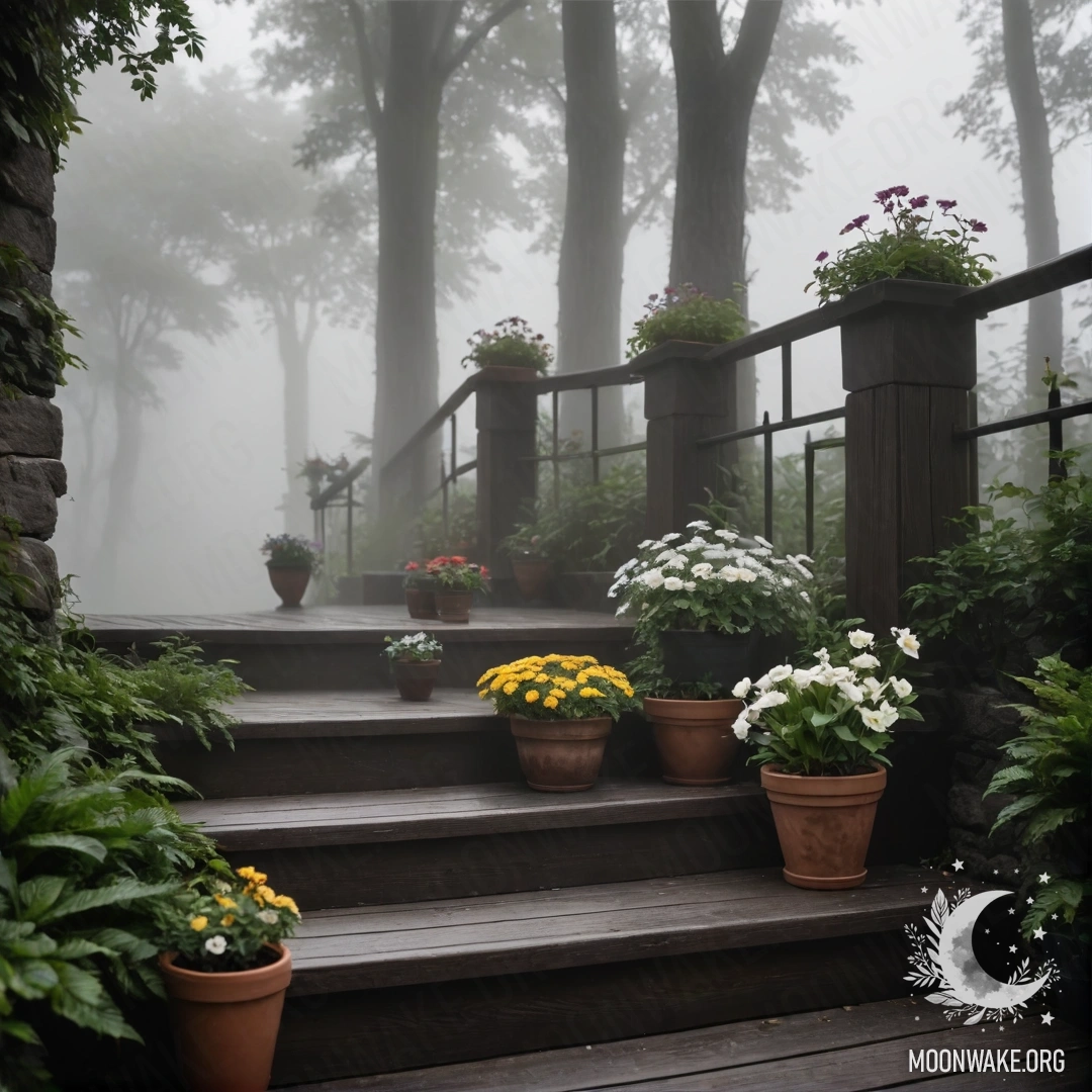 A serene wooden staircase adorned with flowerpots shrouded in heavy fog.