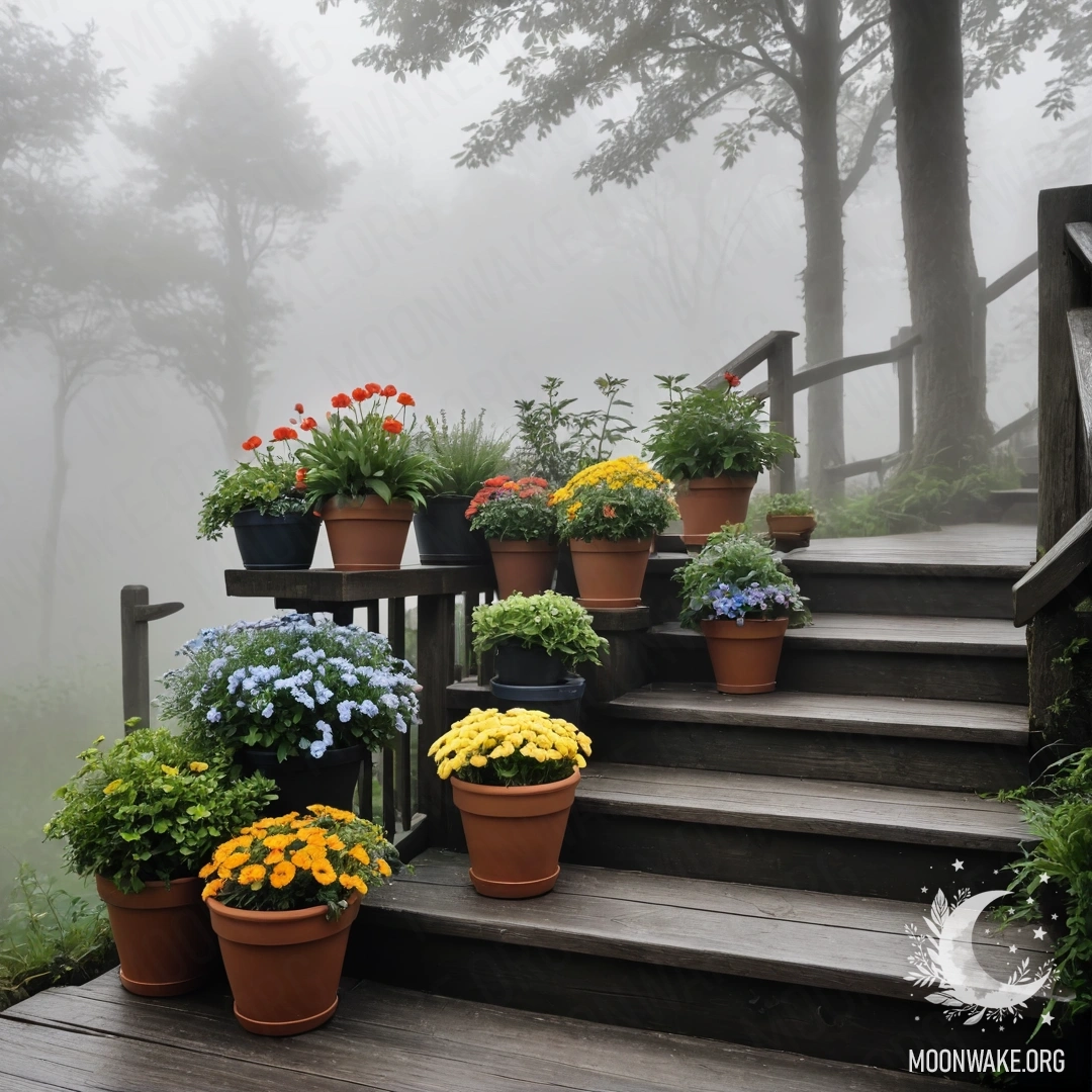 Peaceful Wooden Staircase with Flowerpots in Fog A serene wooden staircase adorned with flowerpots enveloped in dense fog.