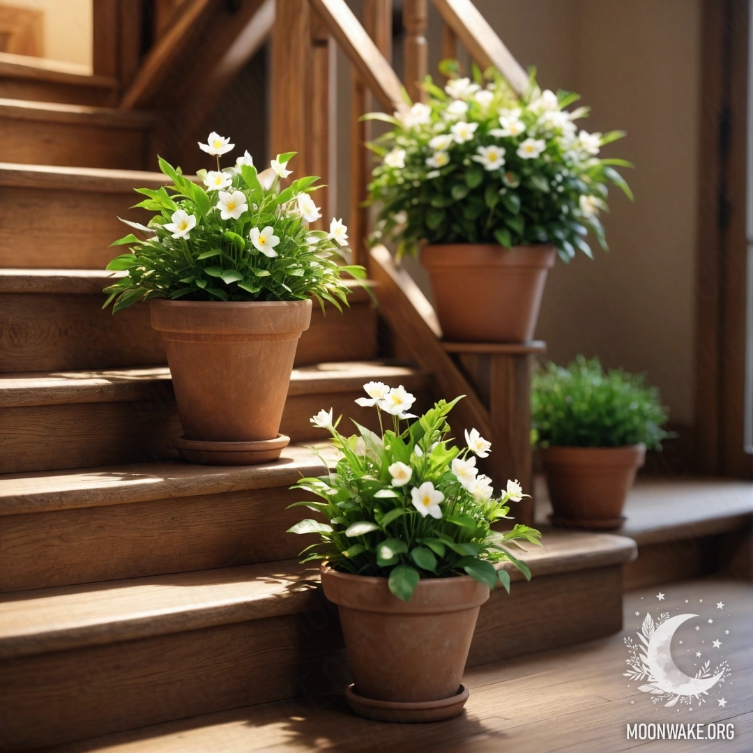 A wooden staircase adorned with flowerpots and gentle garland lights.