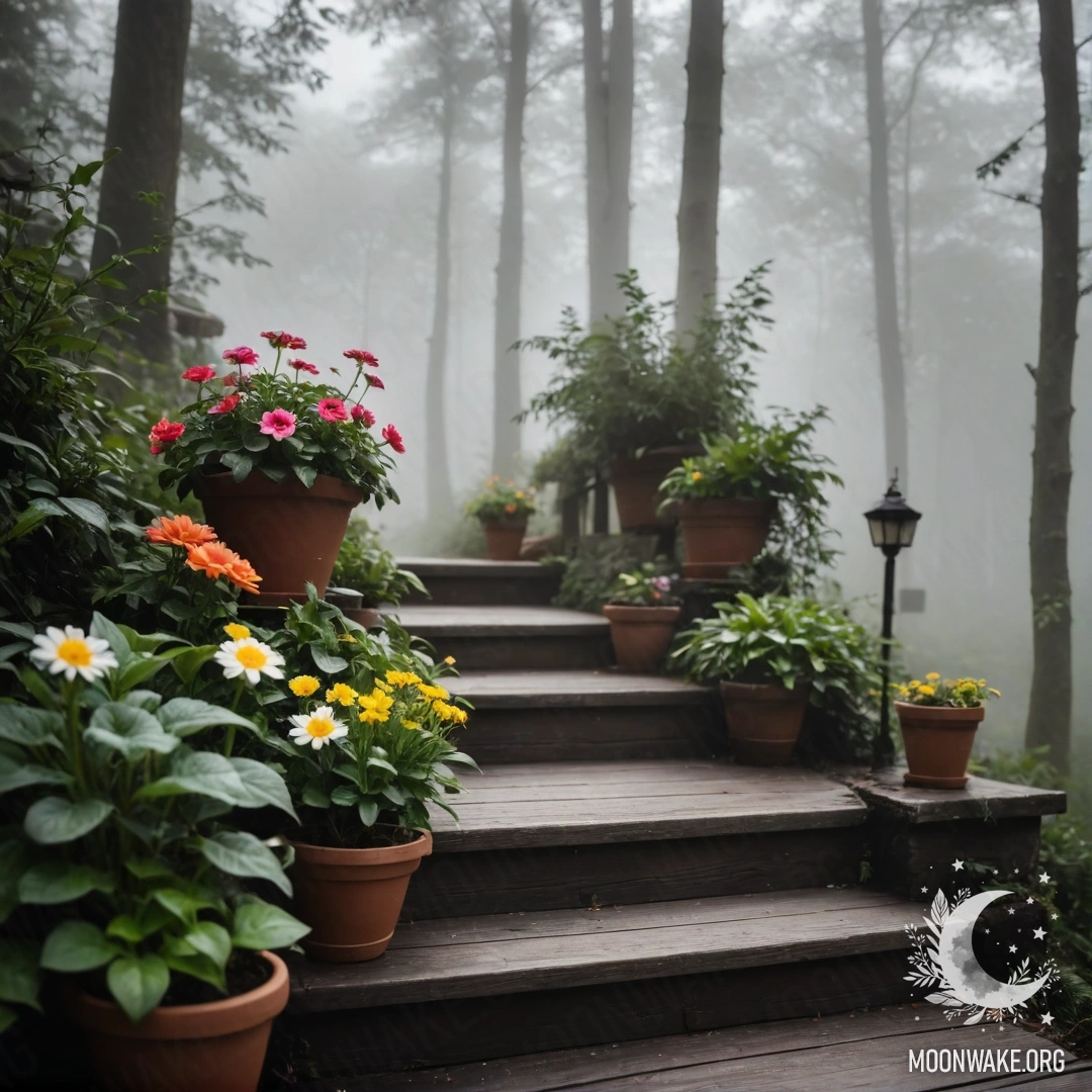 A serene wooden staircase adorned with flowerpots amidst thick fog.