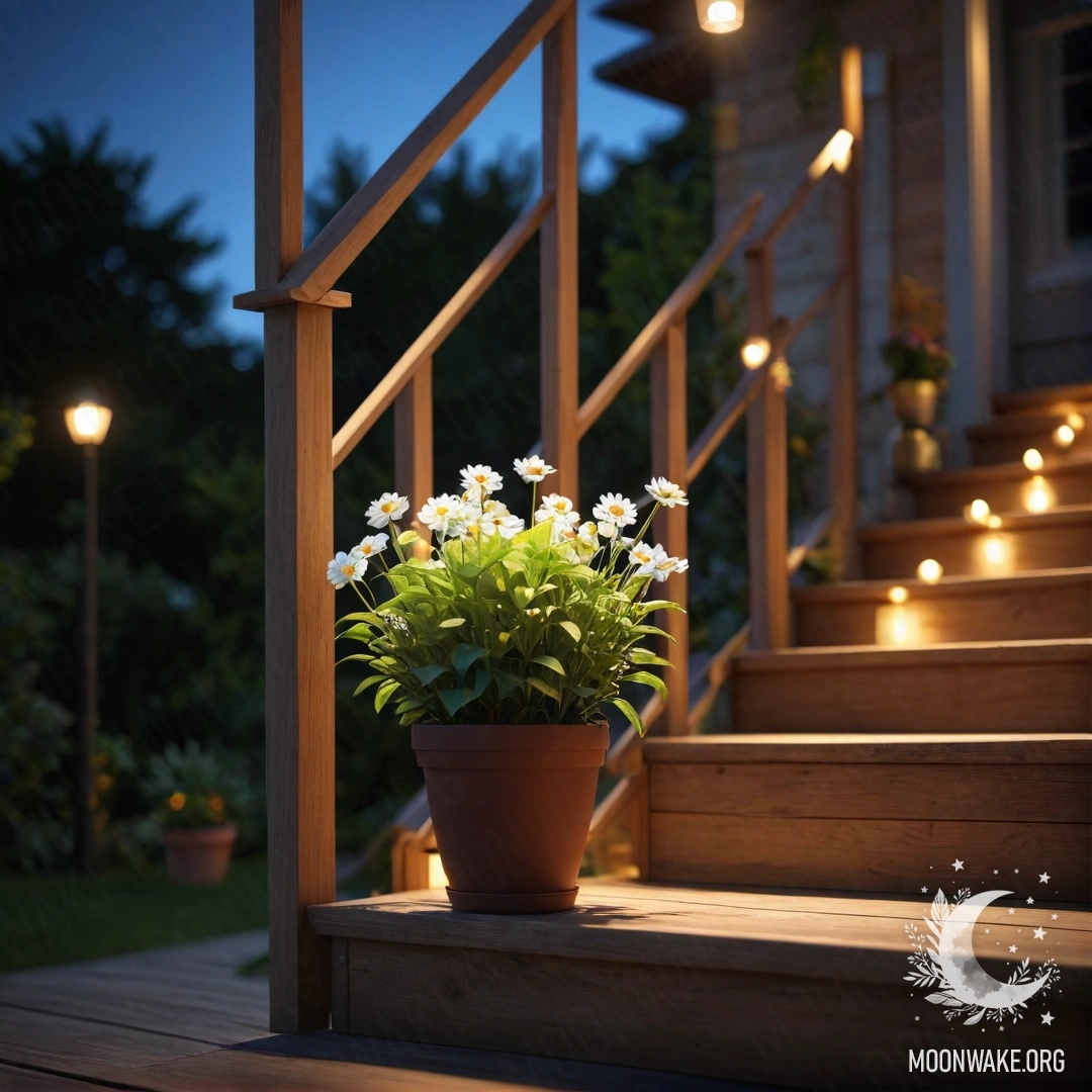 Peaceful Wooden Staircase with Flowerpots at Night A serene wooden staircase adorned with flowerpots, illuminated by the gentle glow of night.
