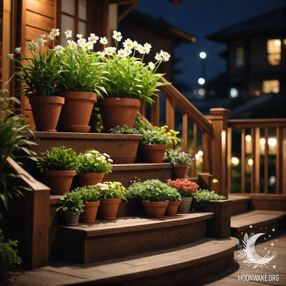 A peaceful wooden staircase adorned with flowerpots at night.