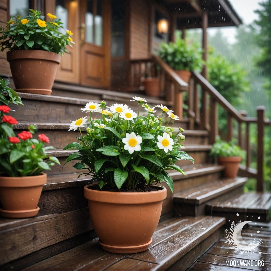 A wooden staircase adorned with flowerpots, while rain falls gently.