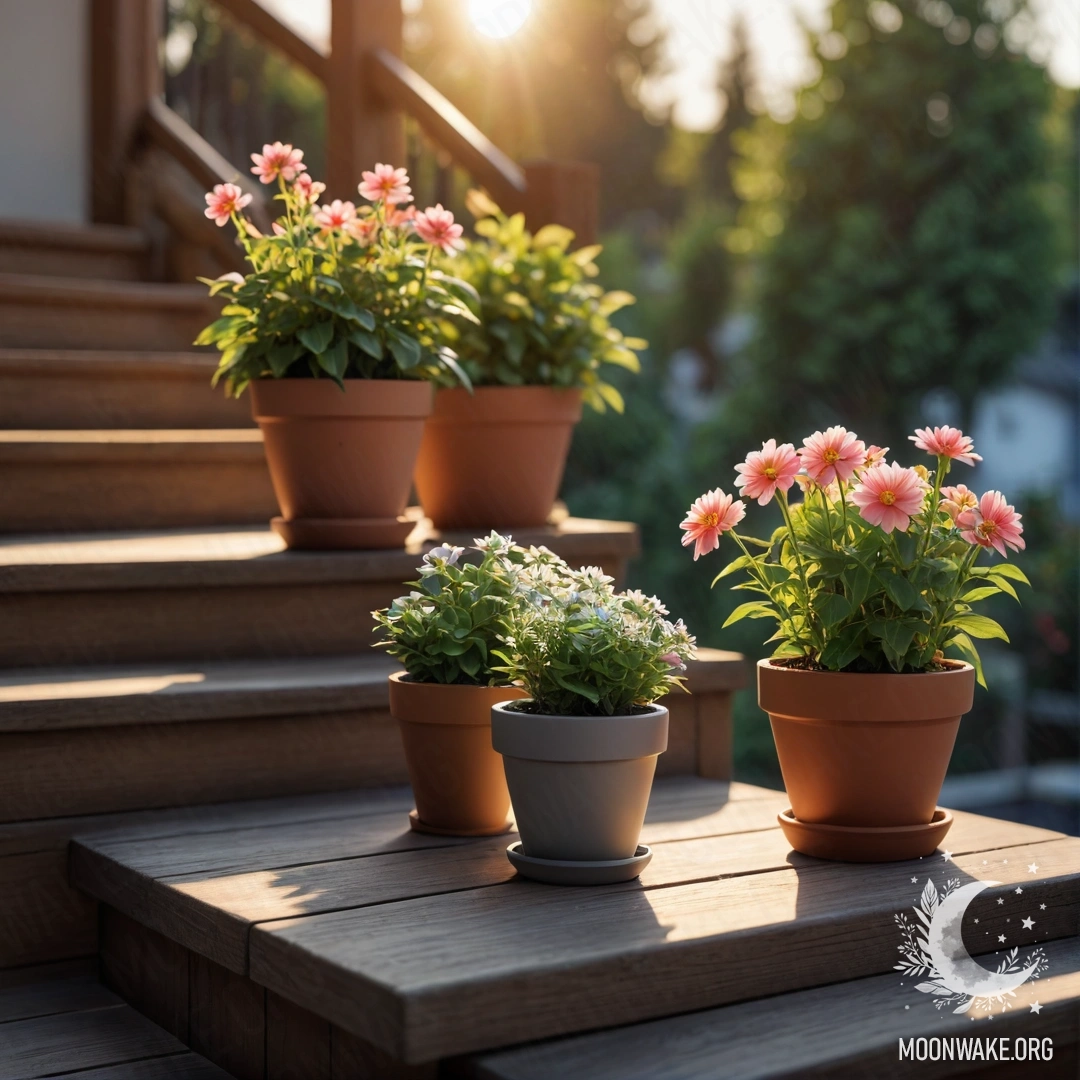 Serene Sunset on a Wooden Staircase with Flowerpots A wooden staircase adorned with flowerpots at sunset.