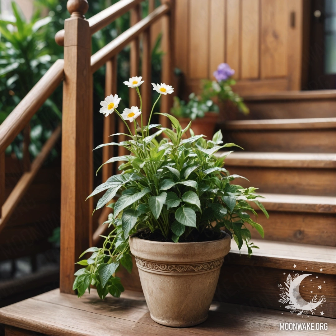 Peaceful Wooden Staircase with Flowerpots A wooden staircase adorned with flowerpots, creating a serene atmosphere.