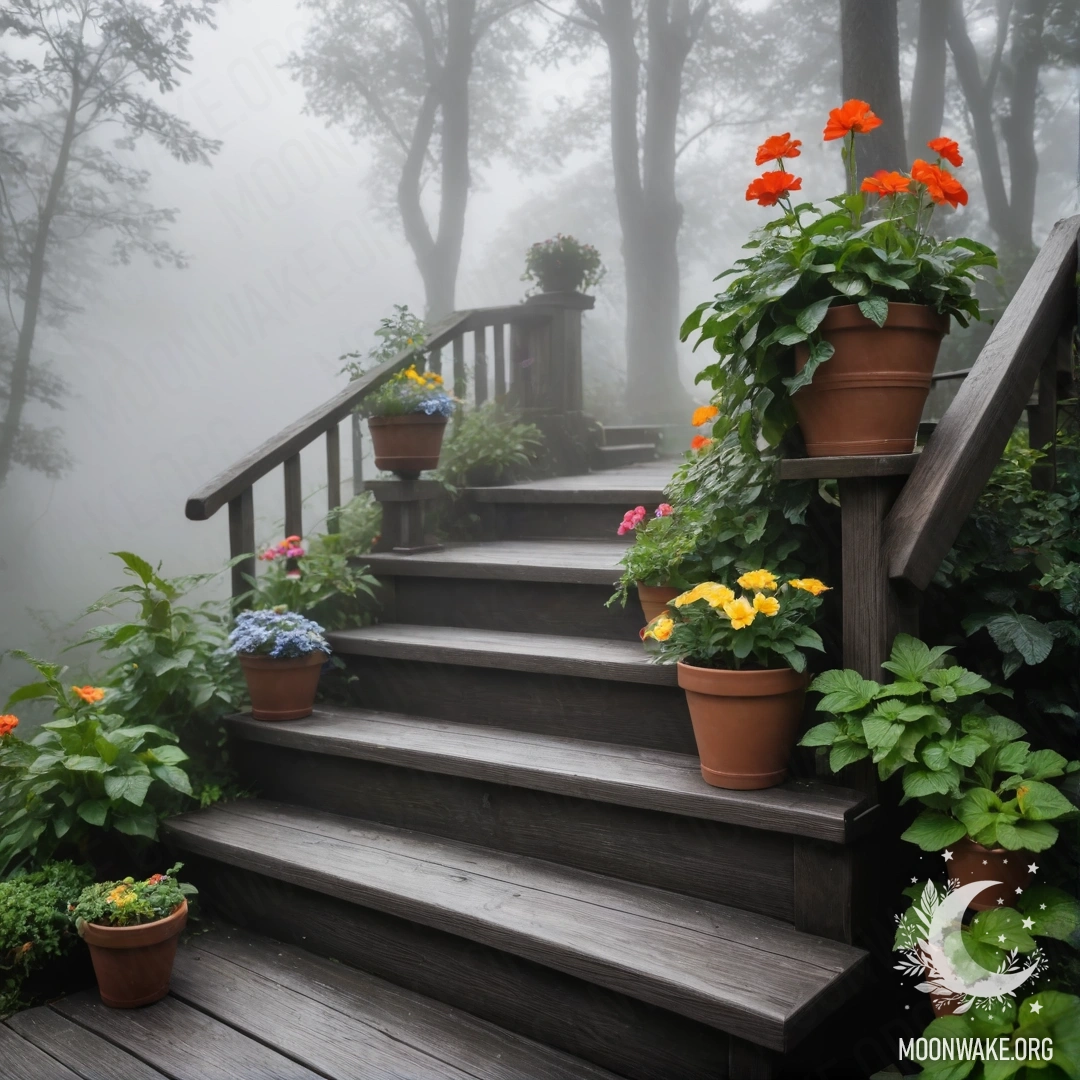 Peaceful Wooden Staircase in Mist A serene wooden staircase surrounded by flowerpots in heavy fog.