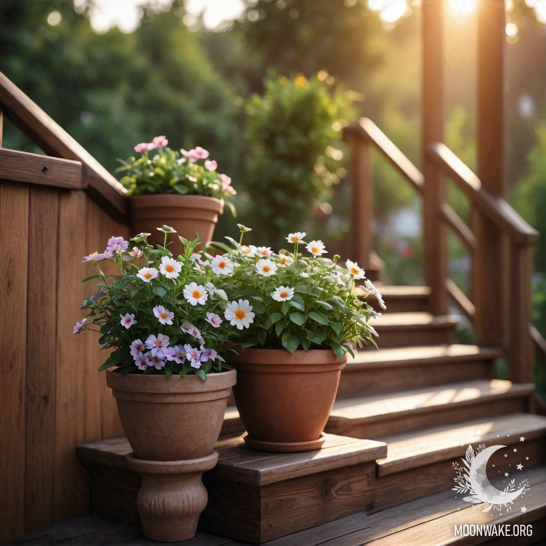A wooden staircase adorned with flowerpots during sunset.