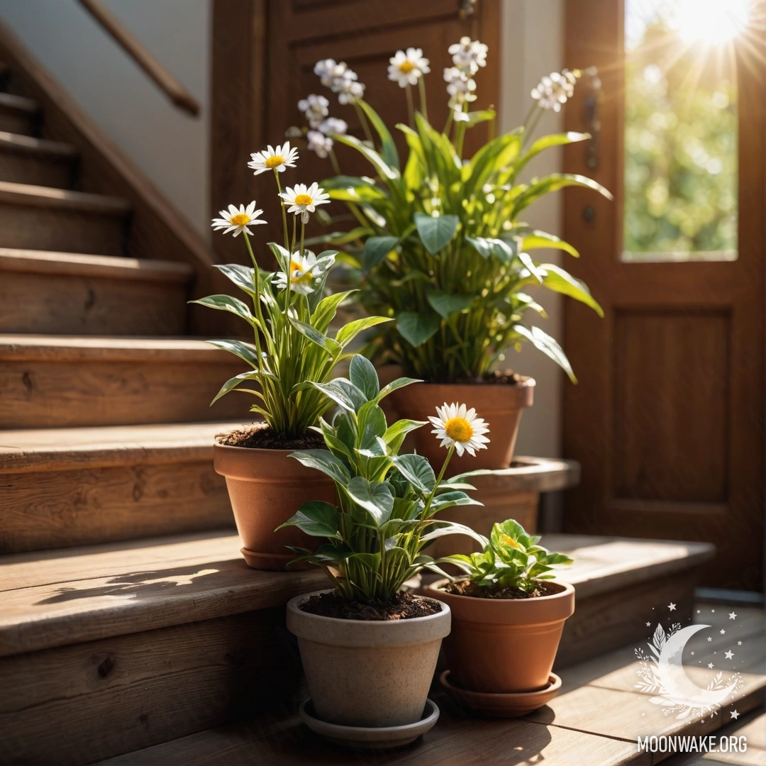 A wooden staircase adorned with flowerpots, bathed in sunlight.