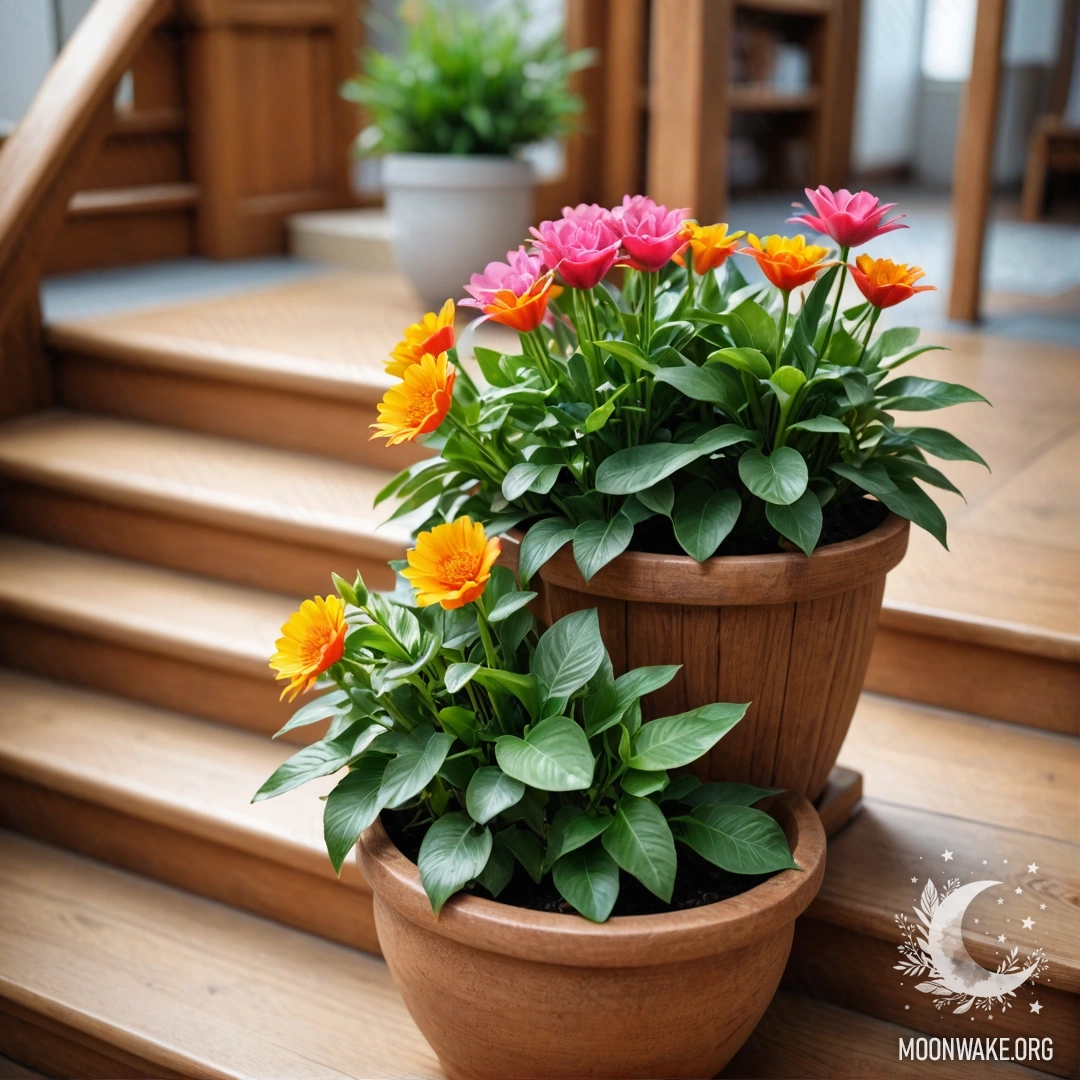 A serene wooden staircase adorned with flowerpots showcasing lush greenery.