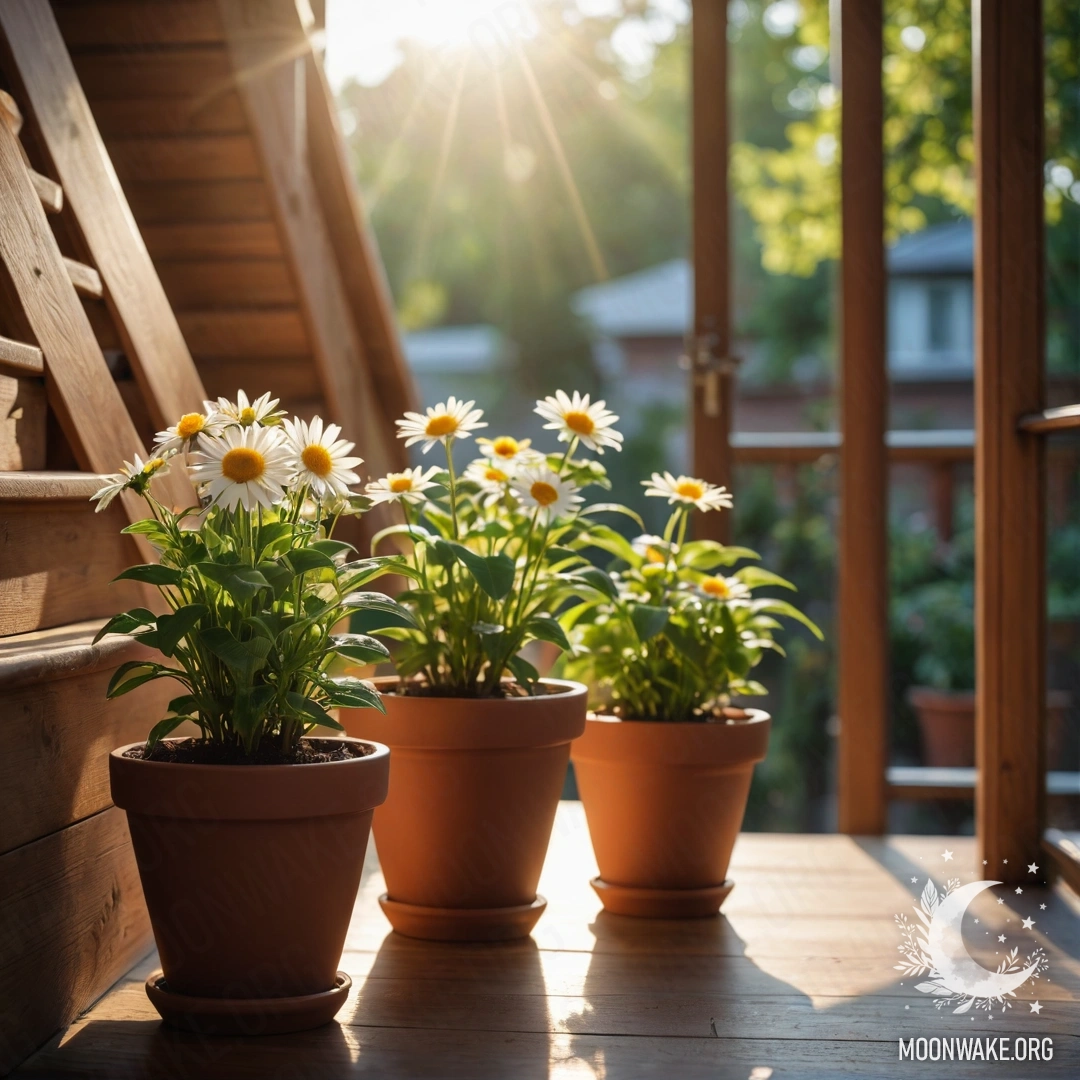 A wooden staircase adorned with flowerpots warmly lit by sun rays.